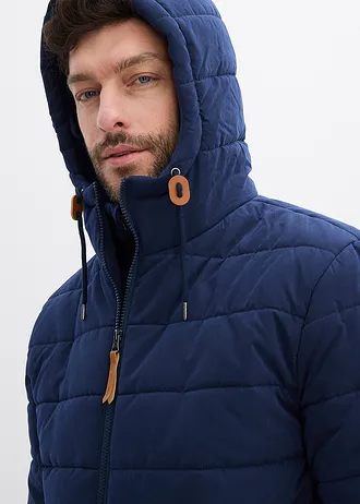 Vatovaná prošívaná parka s kapucí a detaily z imitace kůže • tmavě modrá • bonprix obchod