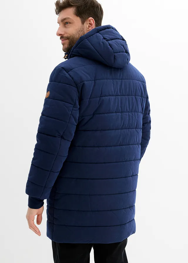 Parka matelassée et rembourrée à capuche et détails enduits, Couleur: bleu foncé