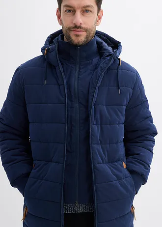 Vatovaná prošívaná parka s kapucí a detaily z imitace kůže • tmavě modrá • bonprix obchod