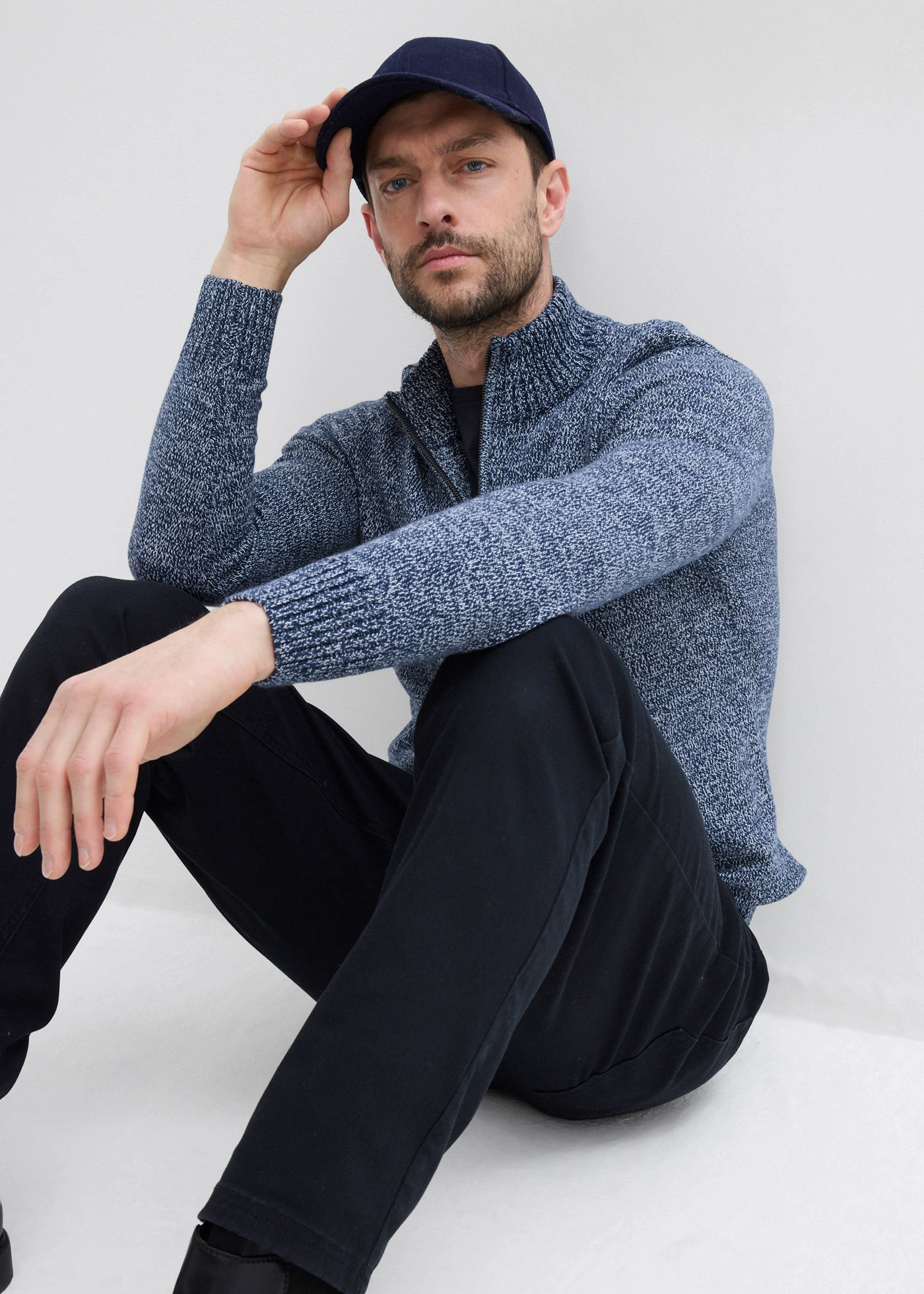 Svetr s límečkem na zip, z čisté bavlny • tmavě modro-bílá melír • bonprix obchod