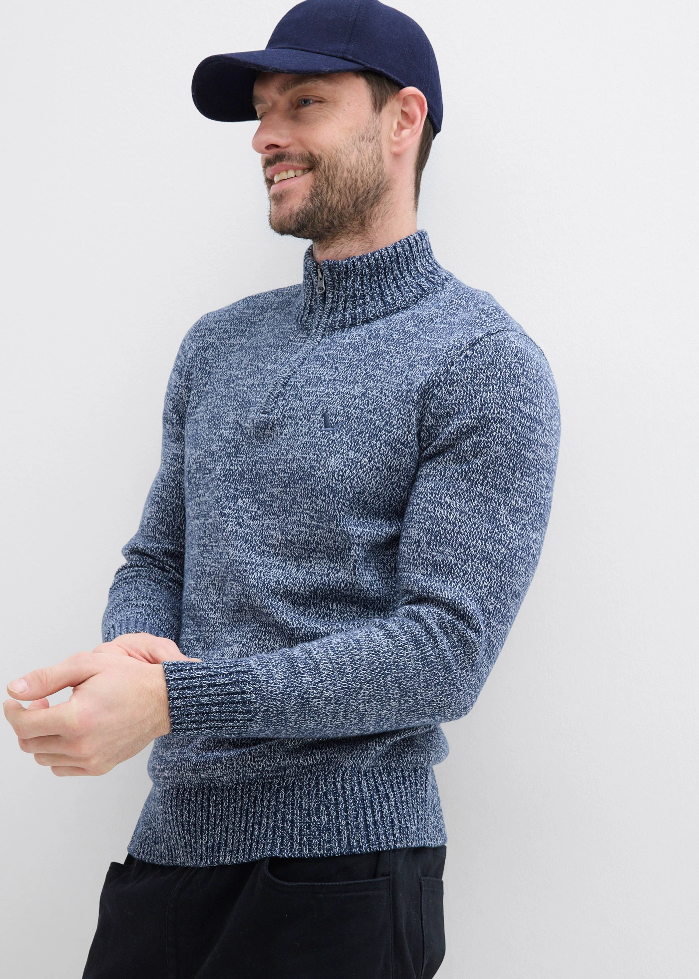 Svetr s límečkem na zip, z čisté bavlny • tmavě modro-bílá melír • bonprix obchod