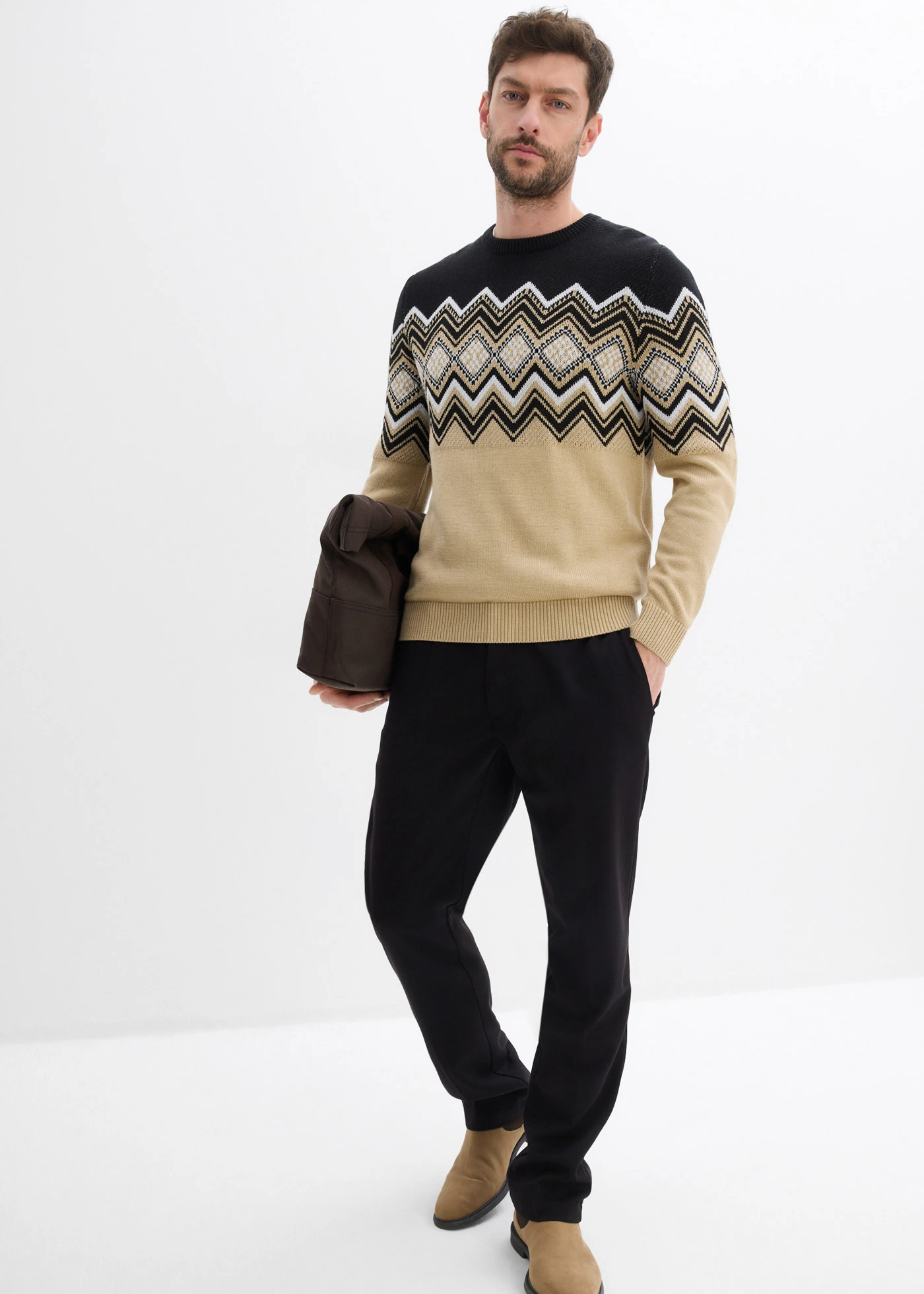 Pulover cu model norvegian din amestec moale de bumbac • maro deschis • magazin bonprix