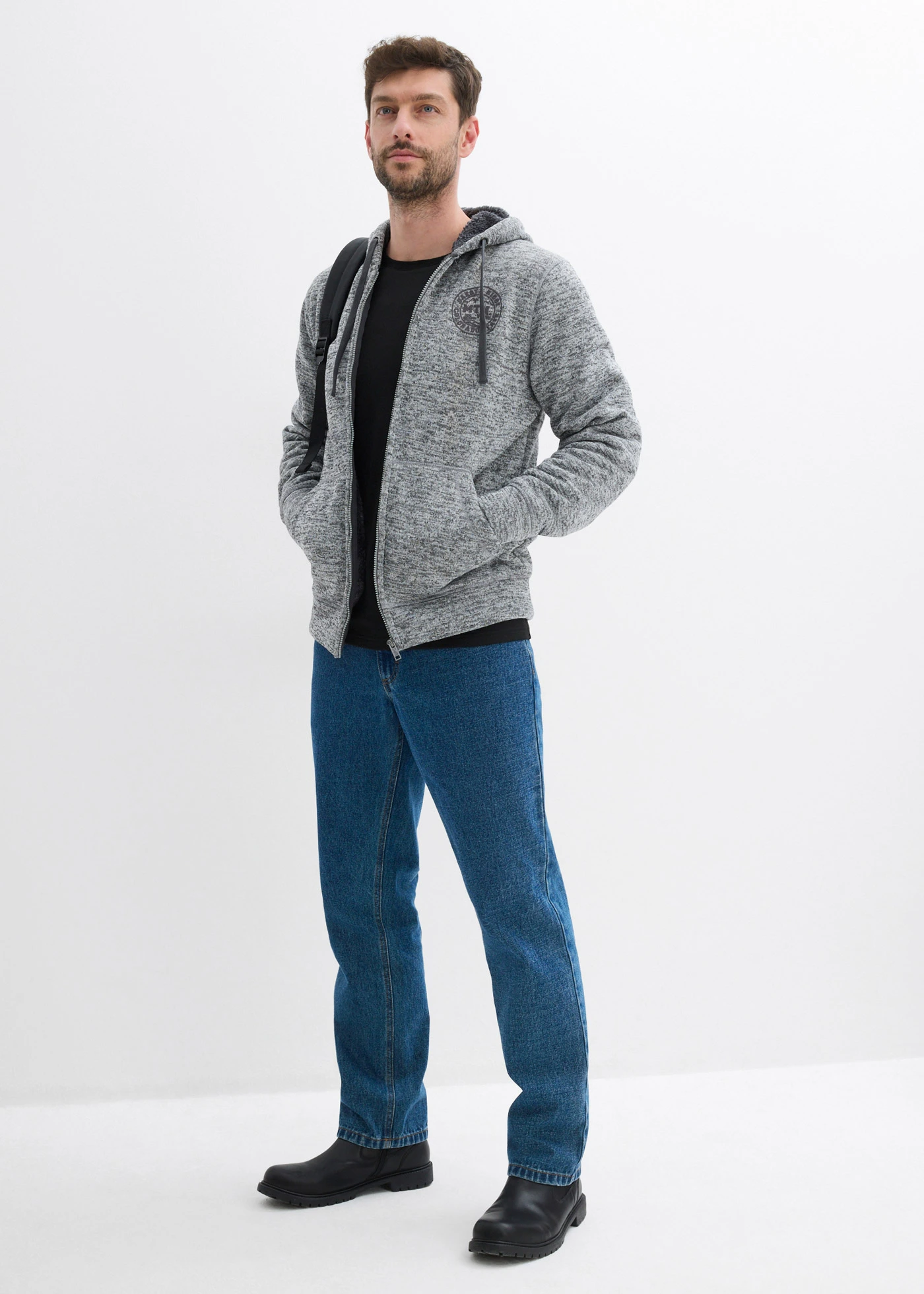 Sweatvest met capuchon en teddy voering • grijs gemêleerd met print • bonprix online shop