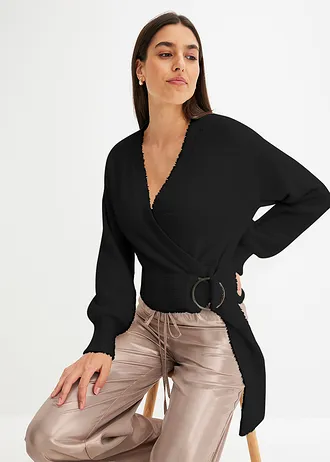 Pull cache-cœur avec accessoire • noir • Boutique bonprix