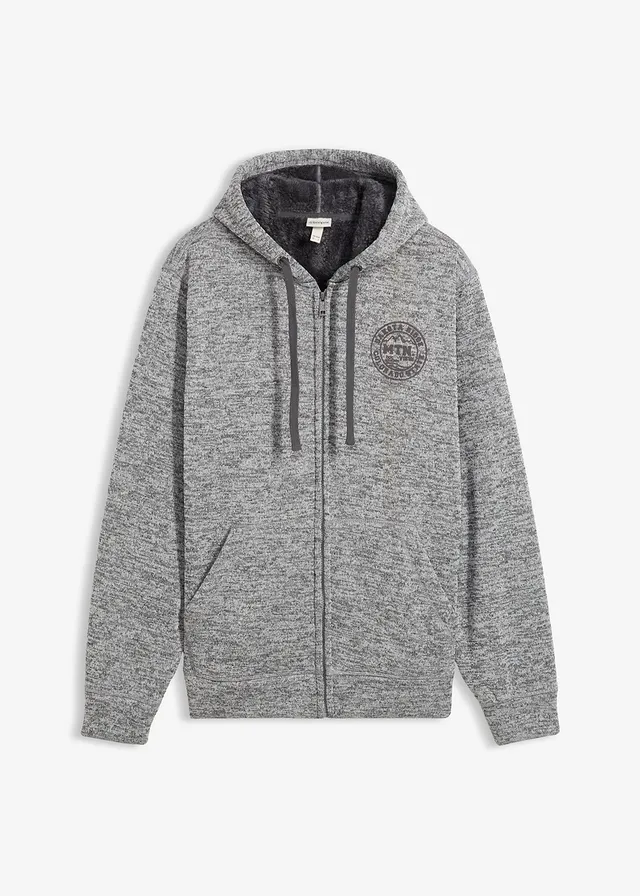 Sweatvest met capuchon en teddy voering, Kleur: grijs gemêleerd met print