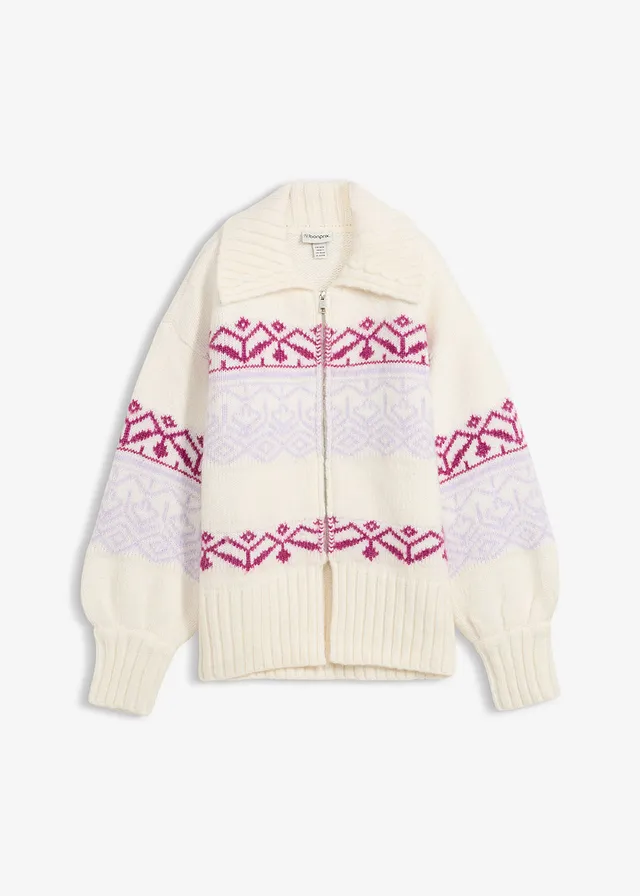 Krótki kardigan z norweskim wzorem • biały perłowy z nadrukiem • sklep bonprix