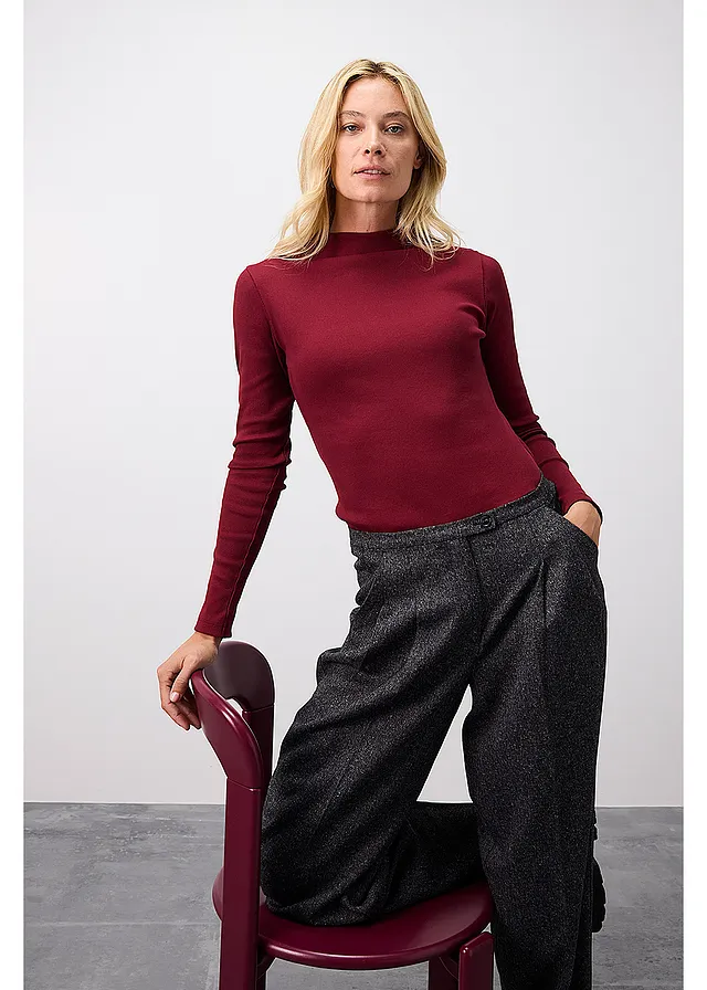 T-shirt manches longues en matière côtelée gris chiné