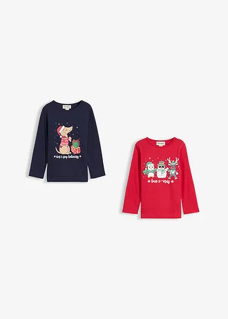 Meisjes kerst longsleeve van biologisch katoen (set van 2) • rood-donkerblauw • bonprix online shop