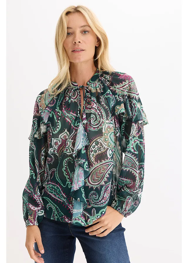 Tuniek met volants, Kleur: diepgroen paisley