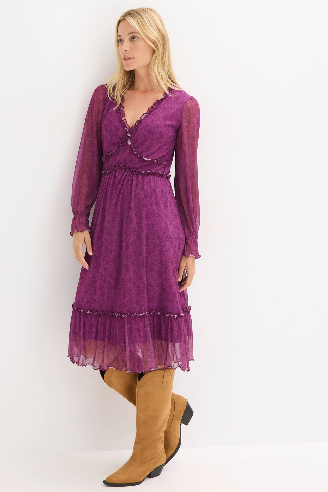 Žerzejové midi šaty ze síťoviny • tmavě fialová s kašmírovým vzorem • bonprix obchod