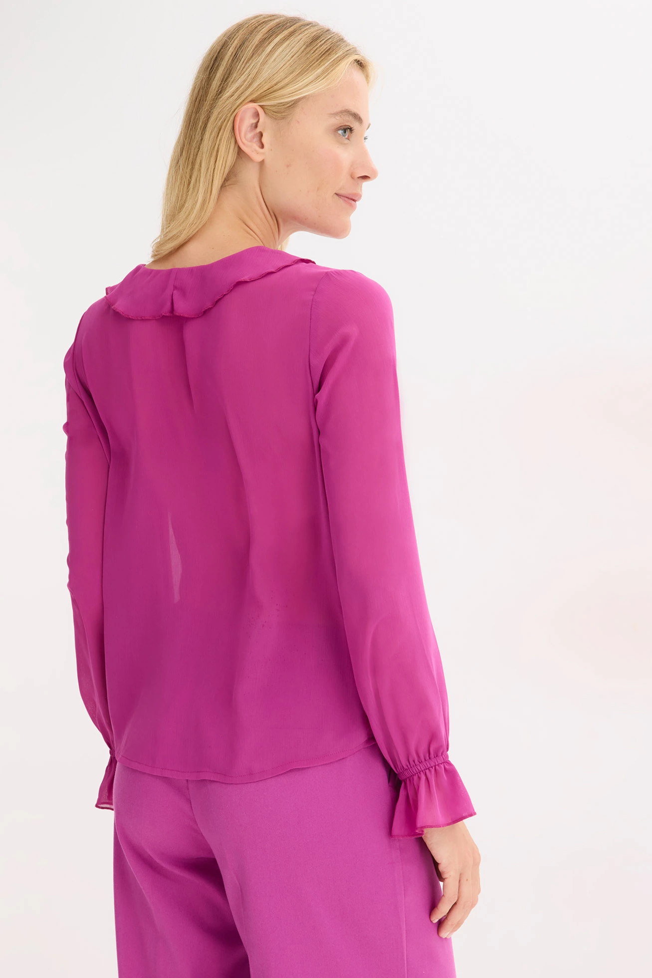 Chiffon blouse met volants • donkerfuchsia • bonprix online shop