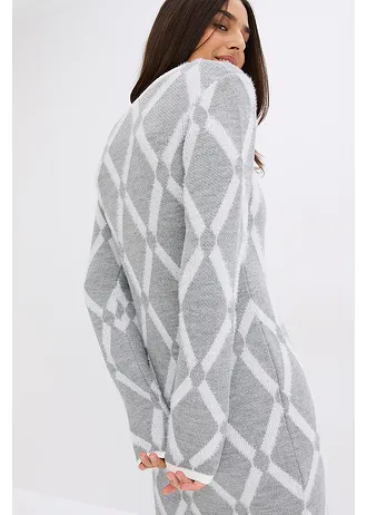 Pletené šaty s kosočtvercovým vzorem, z peříčkové příze • světle šedý melír-přírodní bílá s grafickým vzorem • bonprix obchod