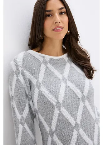 Pletené šaty s kosočtvercovým vzorem, z peříčkové příze • světle šedý melír-přírodní bílá s grafickým vzorem • bonprix obchod