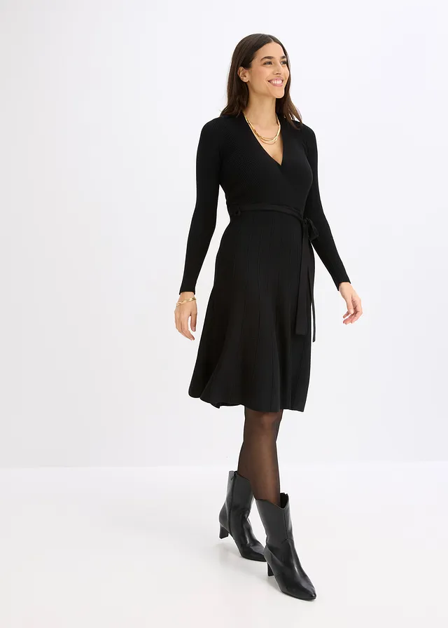 Gebreide jurk in een viscosemix, Kleur: zwart