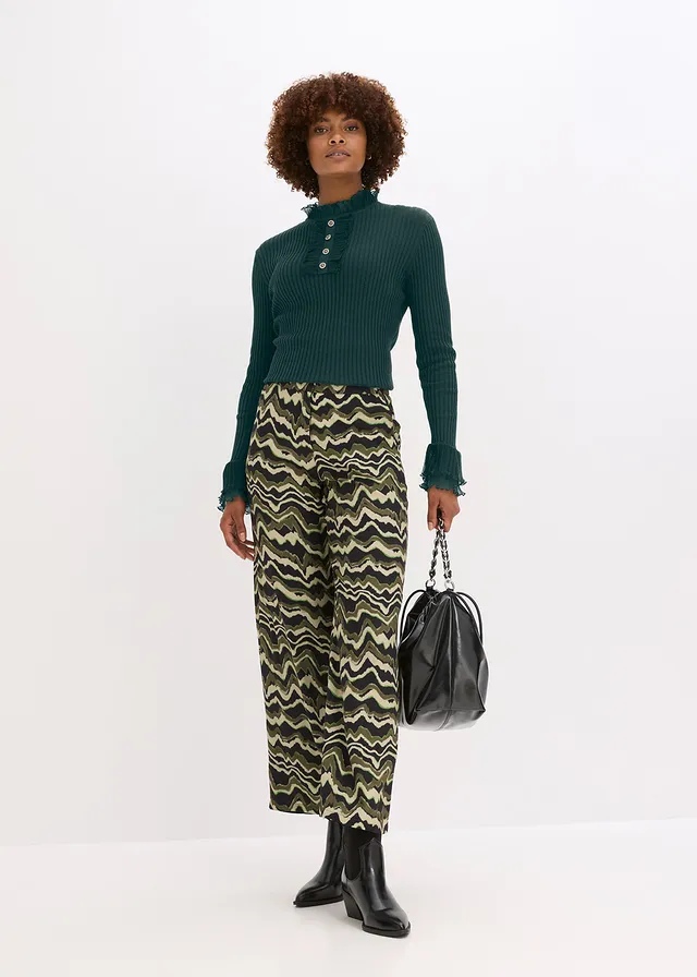 Fijn gebreide longsleeve met chiffon volants, Kleur: diepgroen