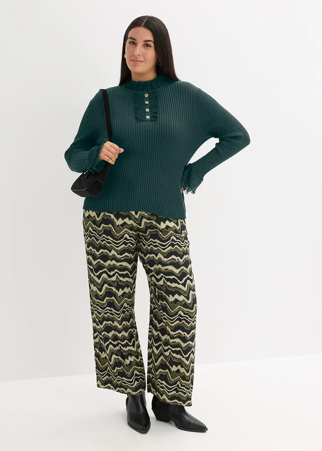 T-shirt manches longues en fine maille avec volants en mousseline, Couleur: vert profond