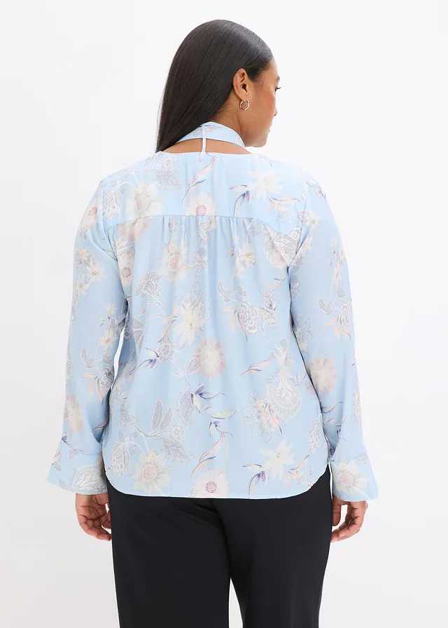 Tunique en satin fin, Couleur: bleu poudré-sable clair floral