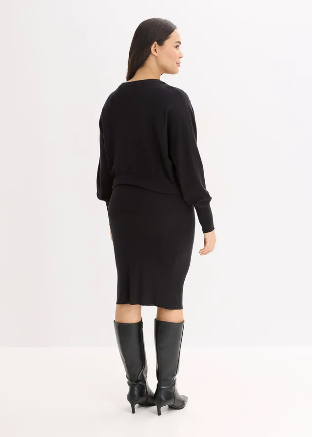 Gebreide jurk in een zachte viscosemix, Kleur: zwart