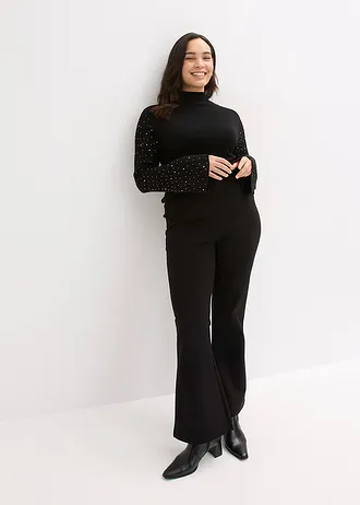 Fijn gebreide trui met versierde trompetmouwen, Kleur: zwart