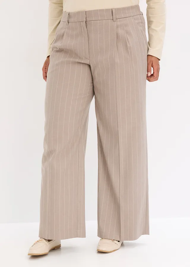 Pantalon large à pinces et rayures tennis, Couleur: taupe-blanc nacré rayé
