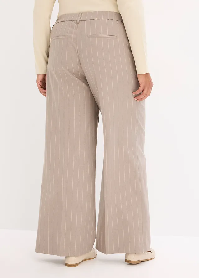 Pantalon large à pinces et rayures tennis, Couleur: taupe-blanc nacré rayé