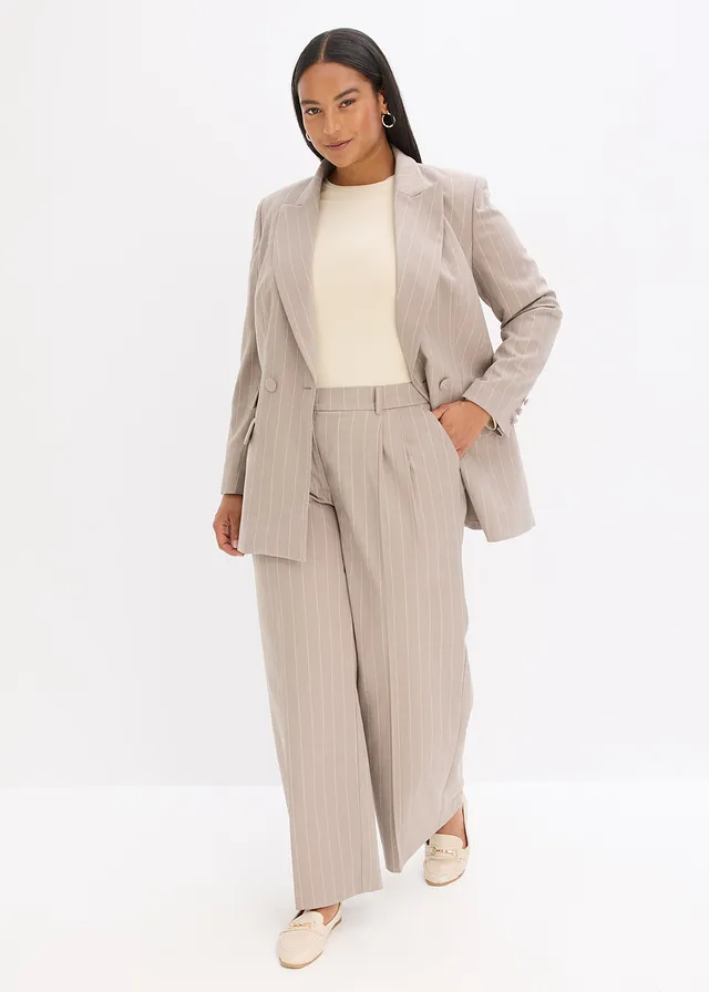 Pantalon large à pinces et rayures tennis, Couleur: taupe-blanc nacré rayé