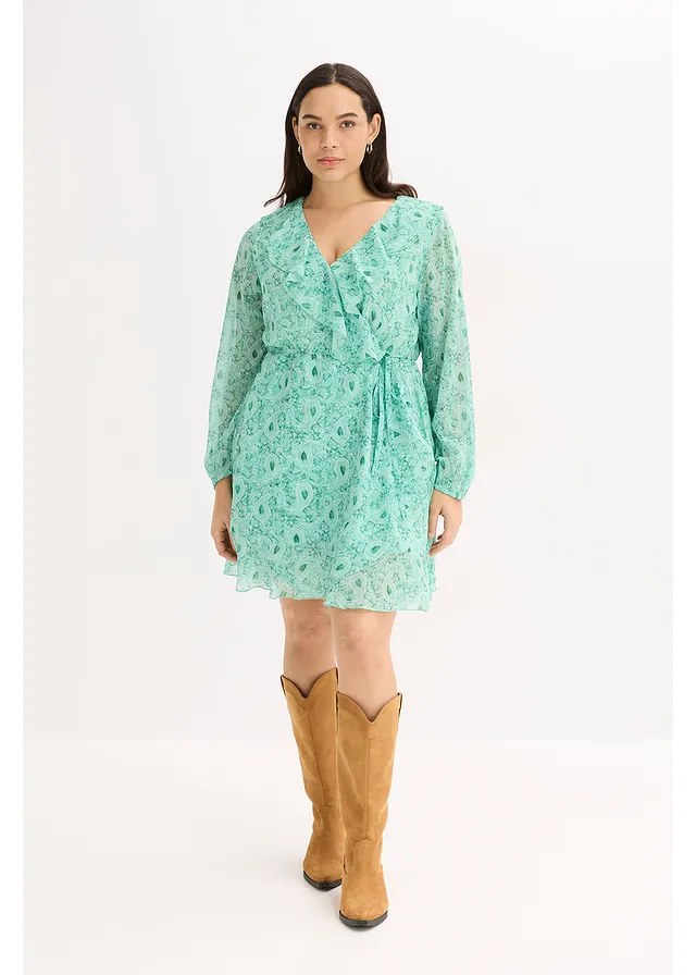 Chiffonjurk in wikkellook, Kleur: flessengroen paisley