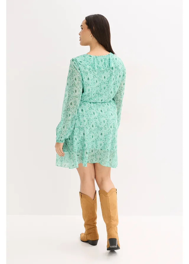 Chiffonjurk in wikkellook, Kleur: flessengroen paisley