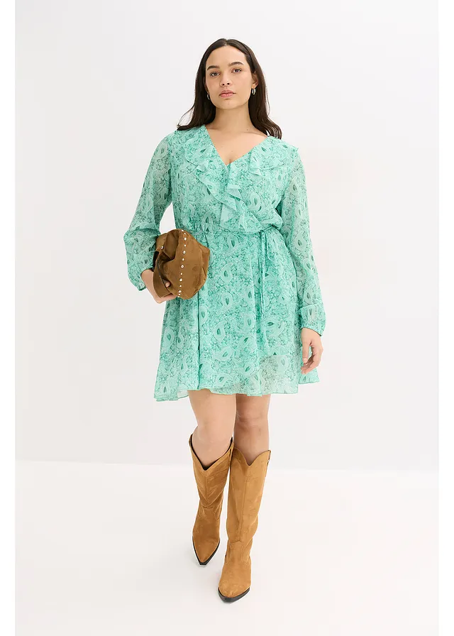 Chiffonjurk in wikkellook, Kleur: flessengroen paisley