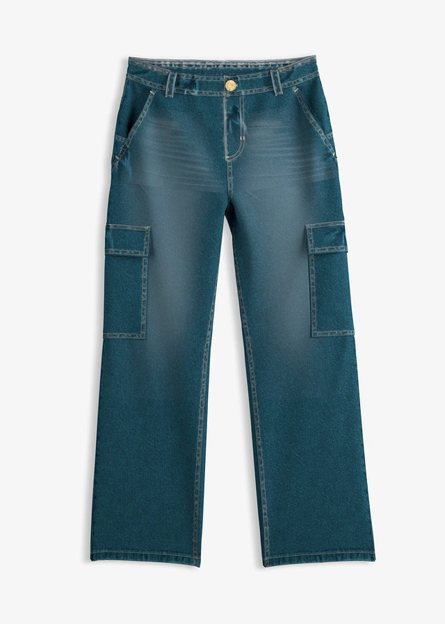 Jean baggy poches cargo, taille mi-haute, Couleur: bleu glacier denim