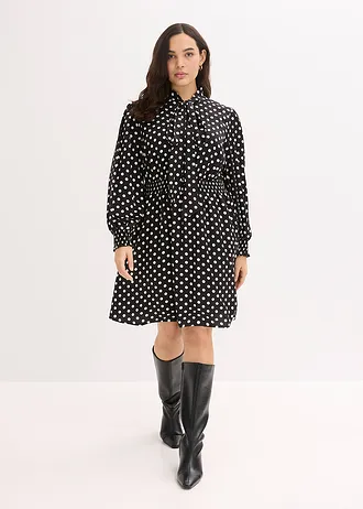 Sukienka z krawatką, z lejącej satyny, kolor: czarny-biel wełny w groszki