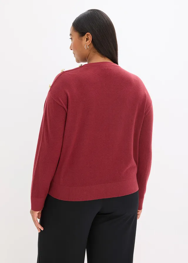 Katoenen trui met knoopdetail, Kleur: robijnrood