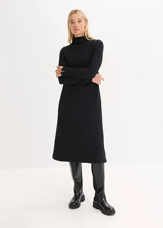 Midi jurk met iets uitlopende rok, Kleur: zwart