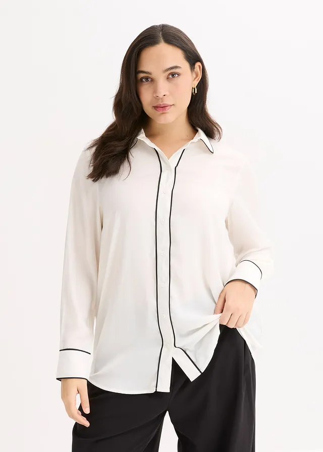 Overhemdblouse van soepel satijn, Kleur: wolwit-zwart