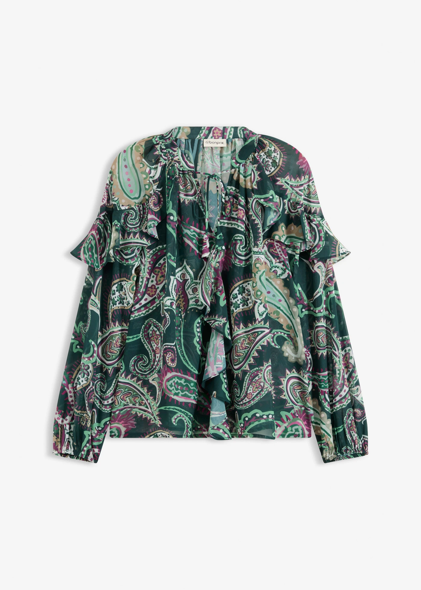 Tuniková halenka s volány • tmavě zelená s kašmírovým vzorem • bonprix obchod