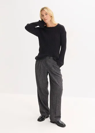 Geribde oversized trui, Kleur: zwart