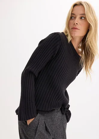 Sweter oversize, prążkowany • czarny • sklep bonprix