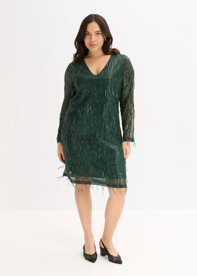 Robe à sequins et franges, Couleur: vert profond
