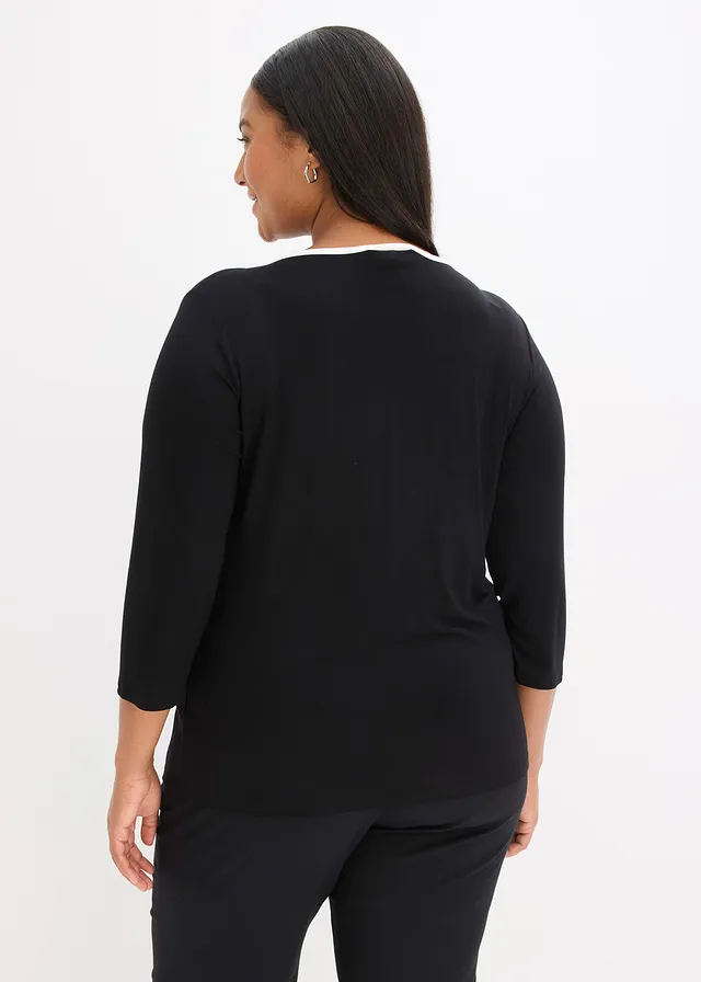 T-shirt à liseré contrastant, Couleur: noir-écru