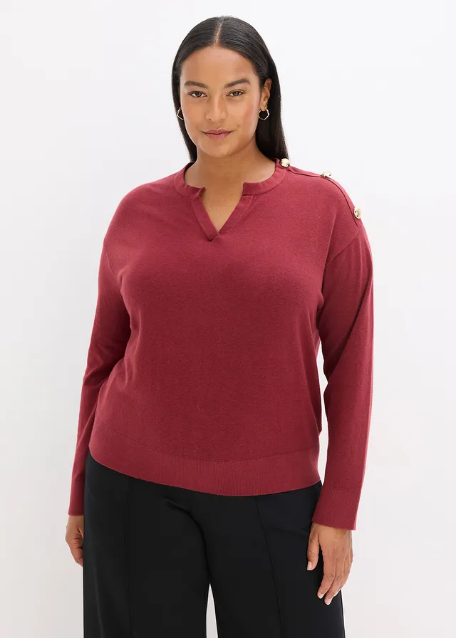Katoenen trui met knoopdetail, Kleur: robijnrood