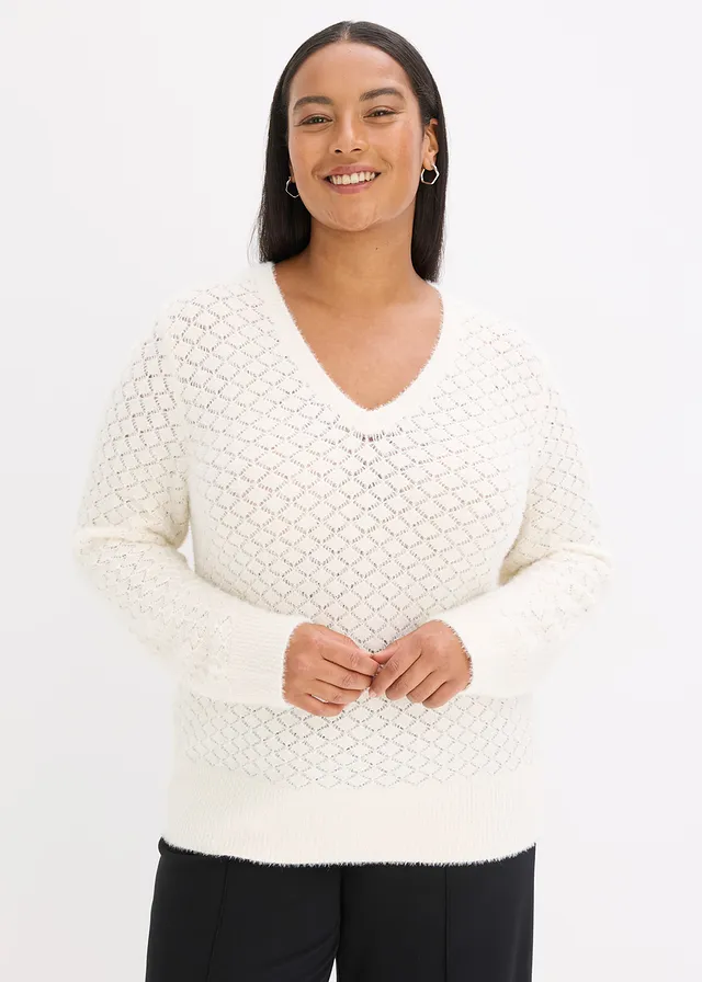 Pull ajouré avec fil peluche, Couleur: blanc nacré