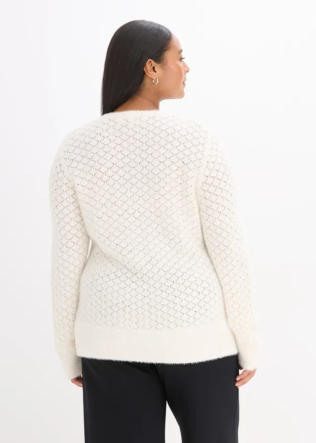 Pull ajouré avec fil peluche, Couleur: blanc nacré
