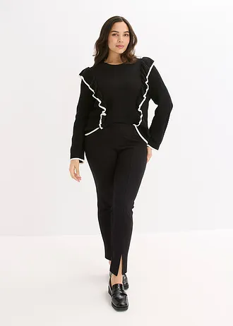 Fijngebreide trui in een katoenmix, Kleur: zwart/wolwit