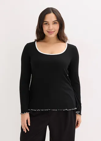 Geribd longsleeve, Kleur: zwart met wolwit