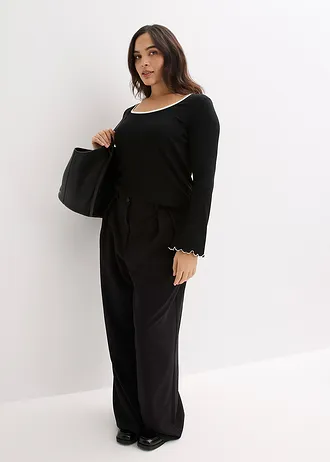 Geribd longsleeve, Kleur: zwart met wolwit