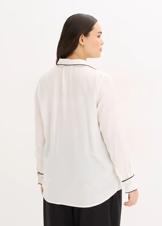 Overhemdblouse van soepel satijn, Kleur: wolwit-zwart