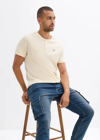 Jean jogger droit, slim, à taille élastiquée et poches cargo • bleu denim/marron • Boutique bonprix