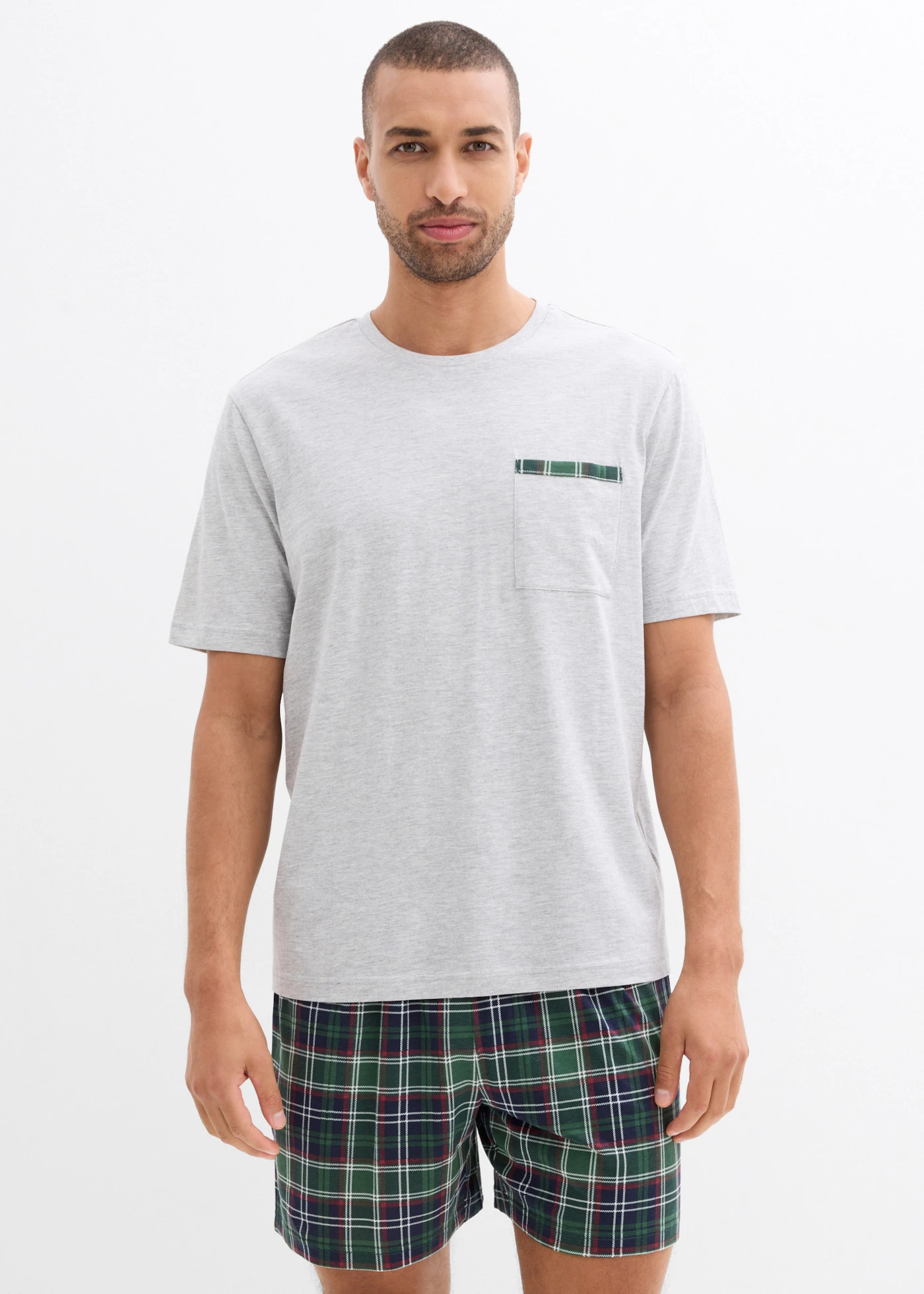 Pijama scurtă cu bluză cu buzunar și mânecă scurtă • gri deschis melanj-verde închis în carouri • magazin bonprix