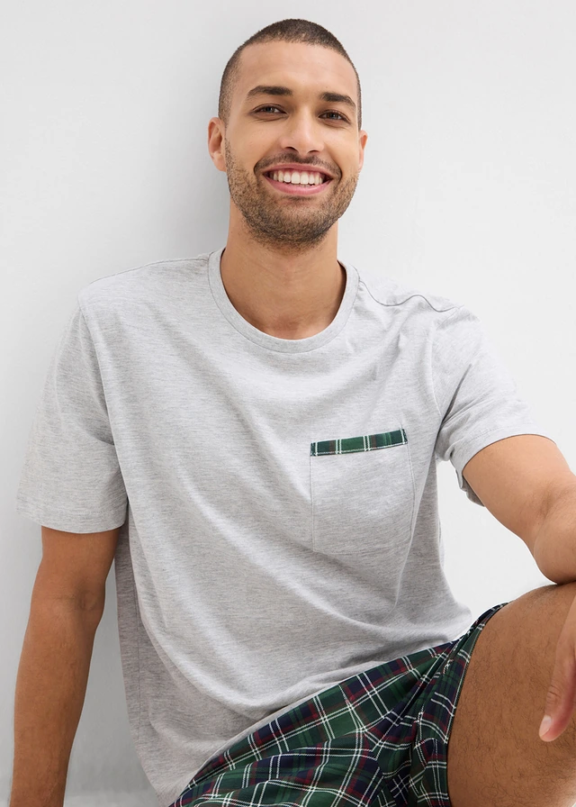 Shortama met zak • lichtgrijs gemêleerd-donkergroen geruit • product-page.page-title-suffix