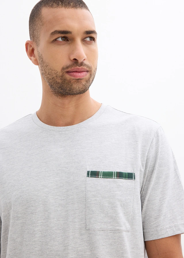 Pyjashort avec T-shirt à poche poitrine, Couleur: gris clair chiné-vert foncé carreaux